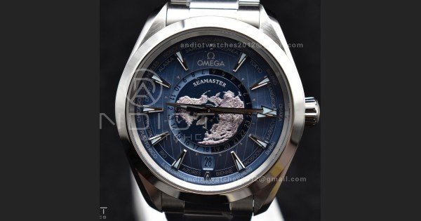 Aqua Terra GMT Worldtimer 43mm VSF 1:1 Best Edition Summer Blue Dial On Stainless Bracelet A8938 Super Clone