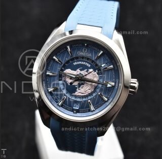 Aqua Terra GMT Worldtimer 43mm VSF 1:1 Best Edition Summer Blue Dial on Blue Rubber Strap A8938 Super Clone