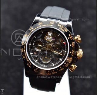 Blaken Daytona PVD Ceramic Bezel GETF Best Edition Skeleton Gold Dial on Black Rubber Strap SA4130
