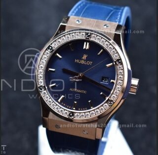 Classic Fusion 45mm SS HBF 1:1 Best Edition Blue Dial with Diamond Bezel on Blue Gummy Strap A2892