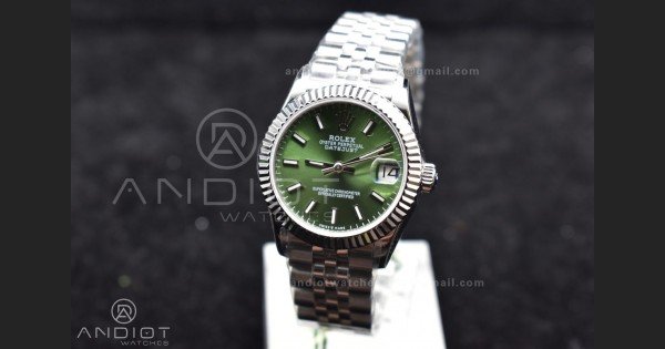 DateJust 31 Ladies 278289 WF 316L Steel Green Dial Stick Markers on President Syle Bracelet