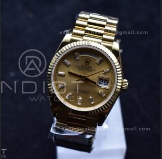 DayDate 36 YG QF Best Edition 904L Steel Gold Dial with Stick Diamond on President Bracelet vr3255 V5 (Gain Weight)