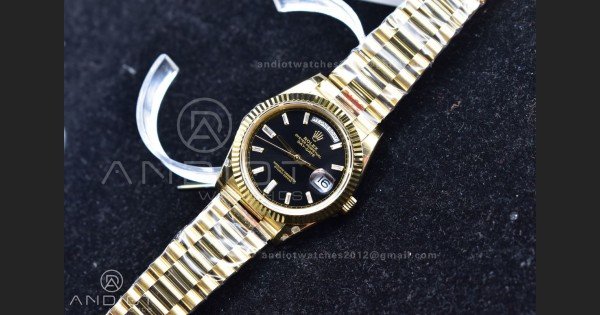 DayDate 40 YG GMF Plated 904L Steel Black Dial Crystal Markers On President Bracelet A2836 V2