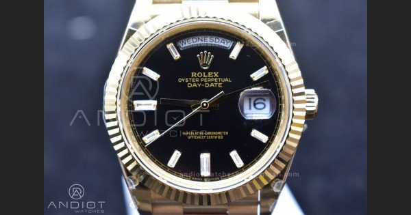 DayDate 40 YG GMF Plated 904L Steel Black Dial Crystal Markers On President Bracelet A2836 V2