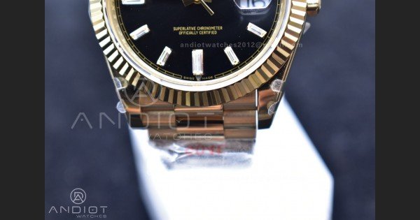 DayDate 40 YG GMF Plated 904L Steel Black Dial Crystal Markers On President Bracelet A2836 V2