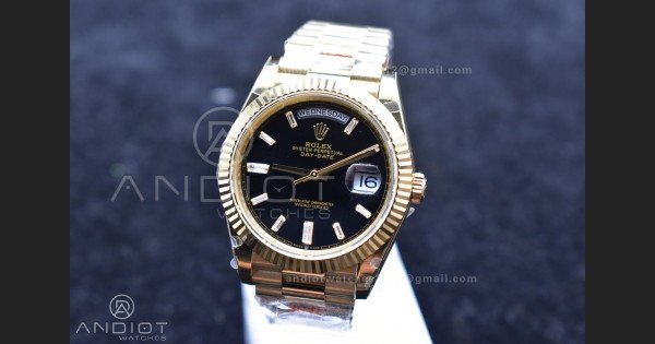 DayDate 40 YG GMF Plated 904L Steel Black Dial Crystal Markers On President Bracelet A2836 V2