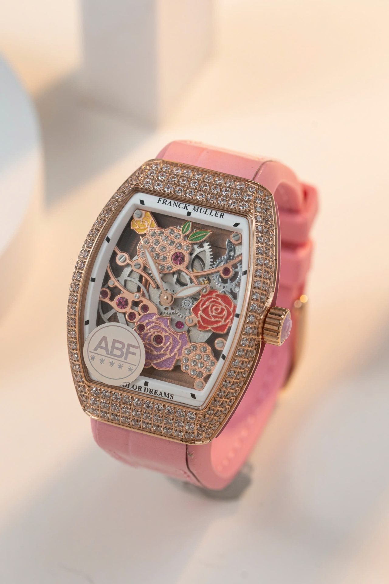 Franck Muller Replica Watches Vanguard V32 Skeleton Pink Flower Dial 36mm - Đồng Hồ Replica 1:1