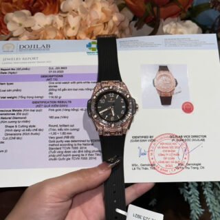 Hublot Big Bang One Click Black Dial Replica Watches Gold Wrapped + Moissanite Diamonds Baguette 39mm - Đồng Hồ Replica 1:1