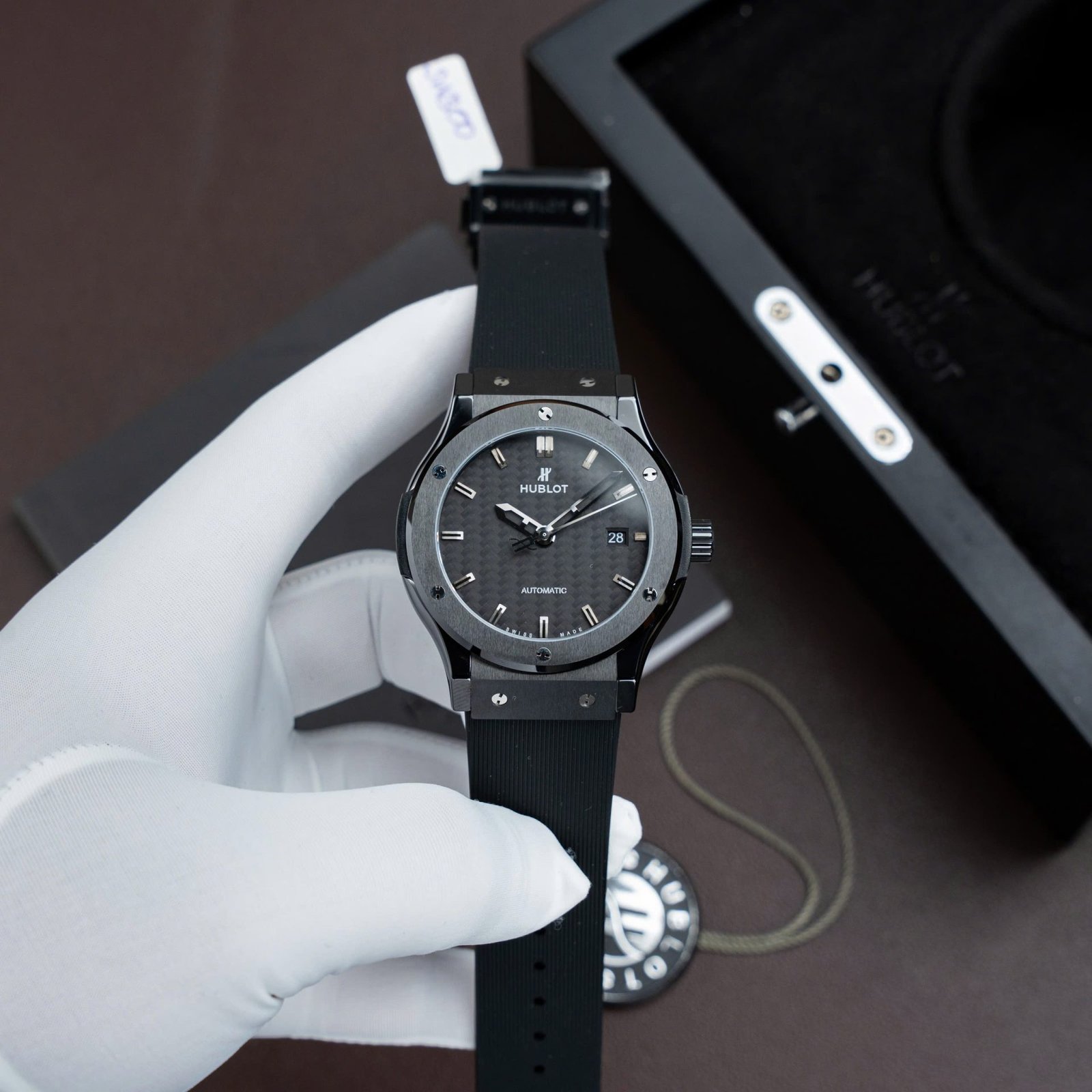 Hublot Classic Fusion Ceramic Replica Watch Carbon Dial Rubber Strap 42mm - Đồng Hồ Replica 1:1