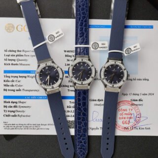 Hublot Classic Fusion Titanium Dial Blue Replica Watch Custom Moissanite Diamonds 33mm - Đồng Hồ Replica 1:1