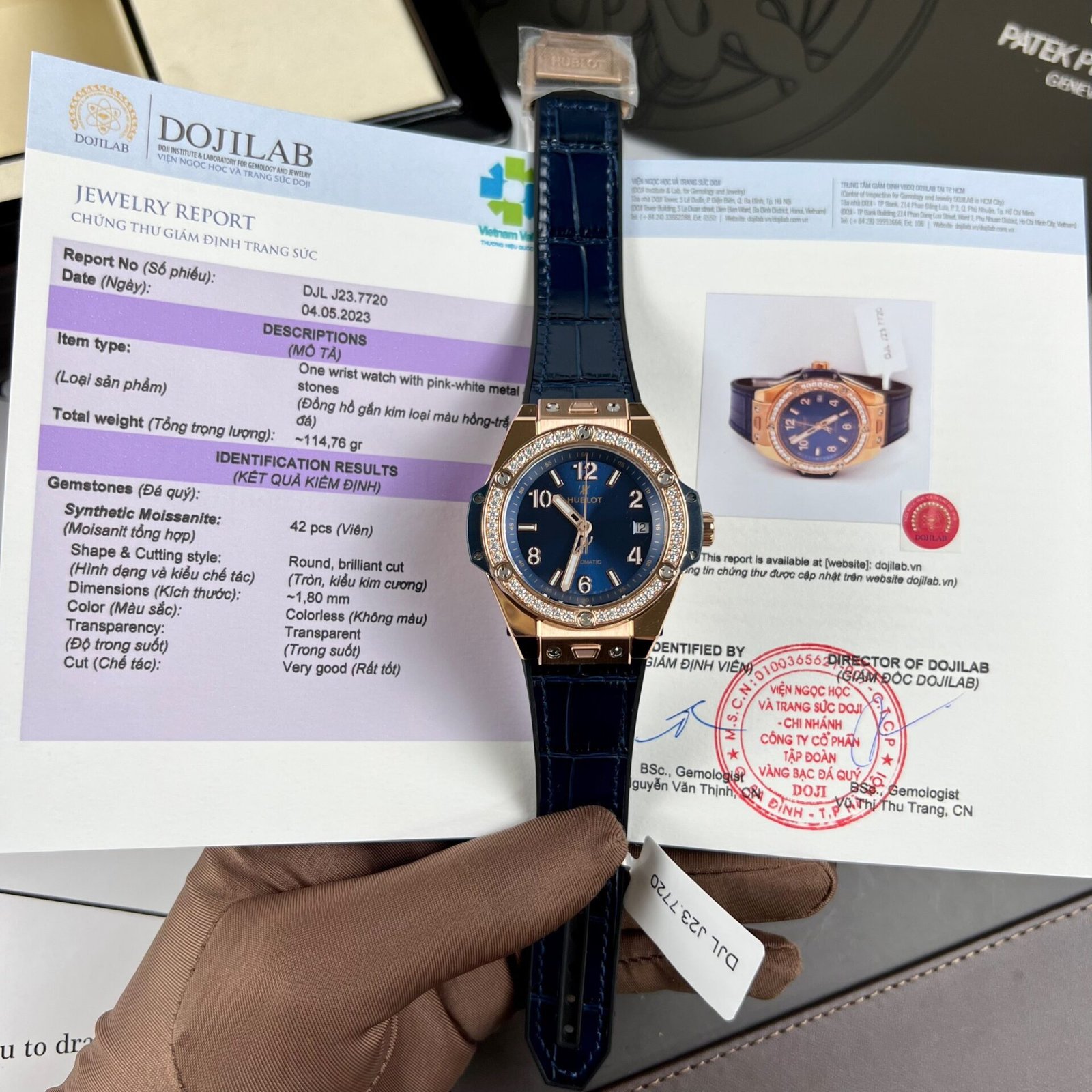 Hublot One Click King Gold Replica Watch With Blue Dial Moissanite 39mm - Đồng Hồ Replica 1:1