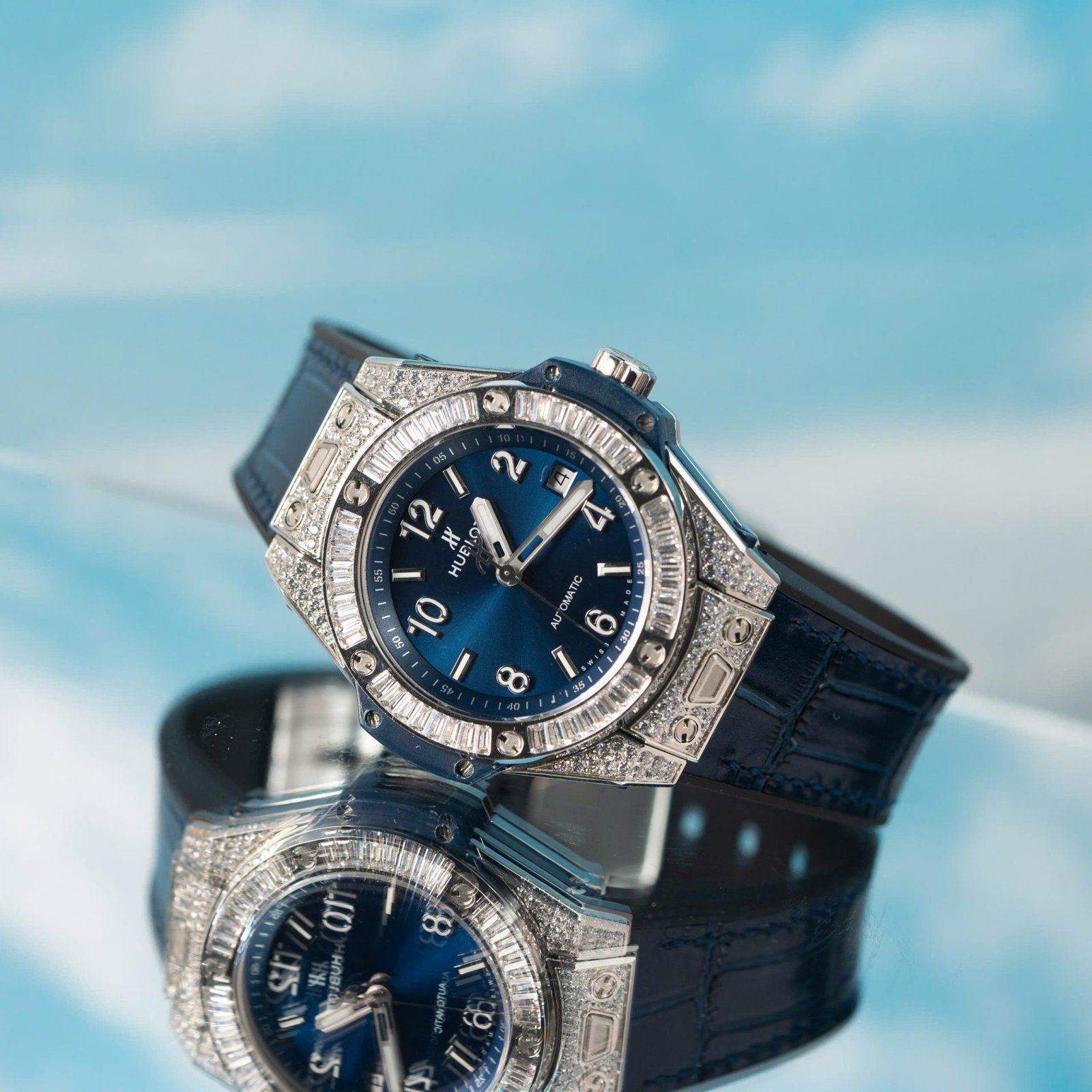 Hublot Replica 11 Watch Big Bang One Click Blue With Full Diamond 39mm - Đồng Hồ Replica 1:1