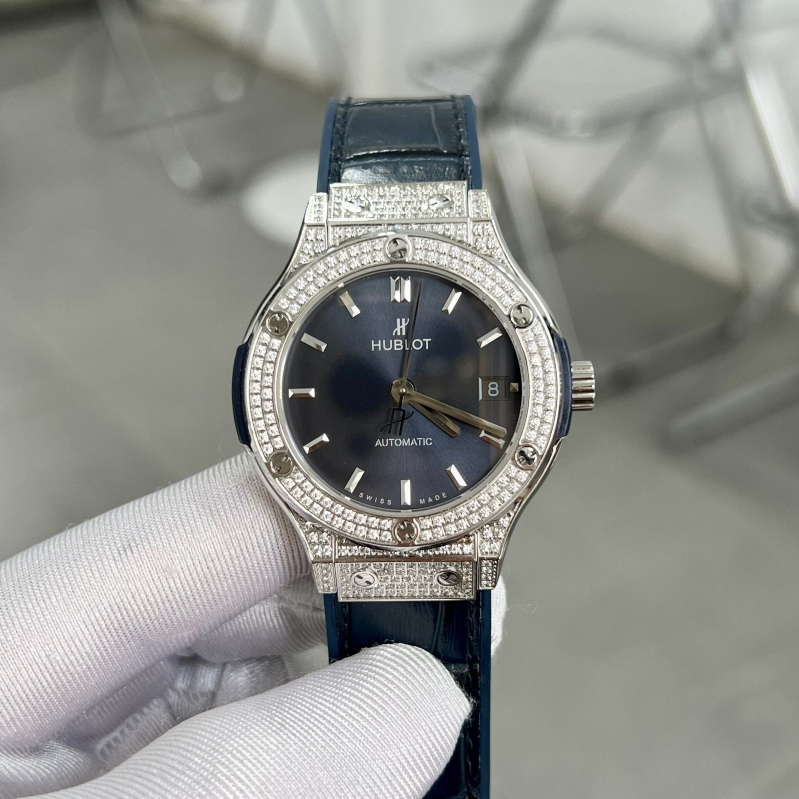 Hublot Replica 11 Watch With Full Diamond Case Blue HB Factory 38mm - Đồng Hồ Replica 1:1
