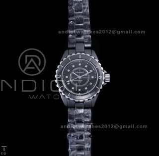 J12 33mm HTF 1:1 Best Edition Black Korea Ceramic Black Dial Diamonds Markers on Bracelet Swiss Quartz