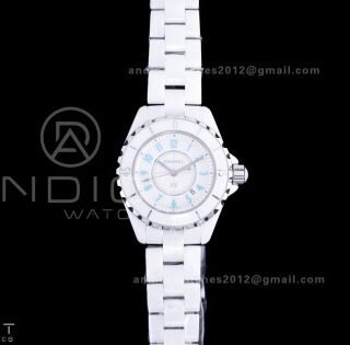 J12 33mm HTF 1:1 Best Edition White Korea Ceramic White Dial Blue Markers on Bracelet Swiss Quartz
