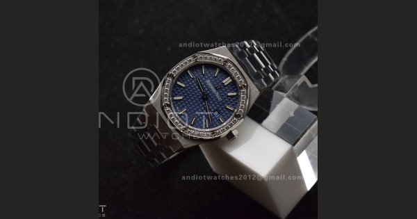 Lady Royal Oak 33mm 67651 SS/Diamond Bezel V7F 1:1 Blue Textured Dial on SS Bracelet Ronda Quartz to AP Cal.2713