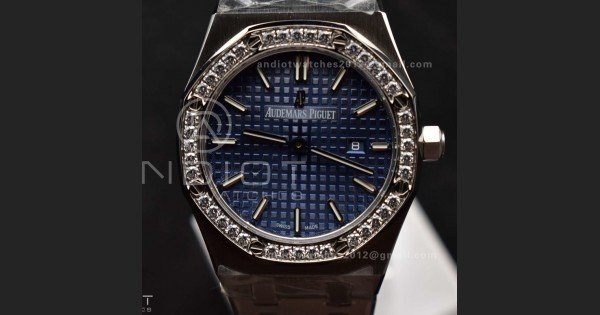 Lady Royal Oak 33mm 67651 SS/Diamond Bezel V7F 1:1 Blue Textured Dial on SS Bracelet Ronda Quartz to AP Cal.2713
