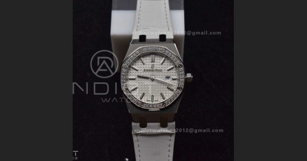 Lady Royal Oak 33mm 67651 SS/Diamond Bezel V7F 1:1 White Textured Dial On White Croco Leather Strap Ronda Quartz to AP Cal.2713