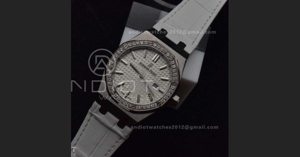 Lady Royal Oak 33mm 67651 SS/Diamond Bezel V7F 1:1 White Textured Dial On White Croco Leather Strap Ronda Quartz to AP Cal.2713