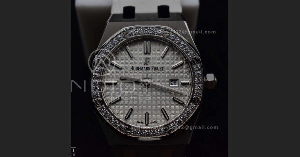 Lady Royal Oak 33mm 67651 SS/Diamond Bezel V7F 1:1 White Textured Dial On White Croco Leather Strap Ronda Quartz to AP Cal.2713