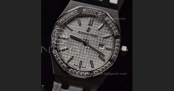 Lady Royal Oak 33mm 67651 SS/Diamond Bezel V7F 1:1 White Textured Dial On White Croco Leather Strap Ronda Quartz to AP Cal.2713