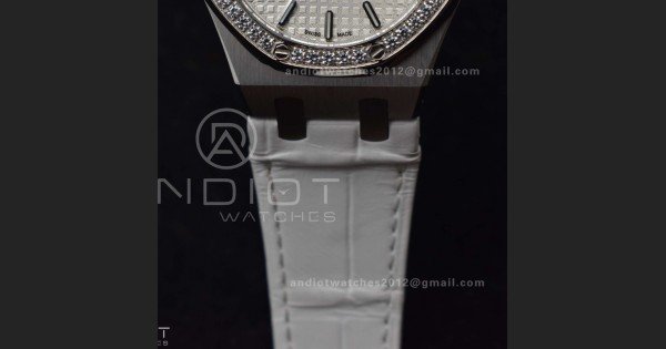 Lady Royal Oak 33mm 67651 SS/Diamond Bezel V7F 1:1 White Textured Dial On White Croco Leather Strap Ronda Quartz to AP Cal.2713