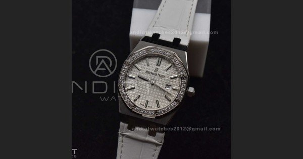 Lady Royal Oak 33mm 67651 SS/Diamond Bezel V7F 1:1 White Textured Dial On White Croco Leather Strap Ronda Quartz to AP Cal.2713