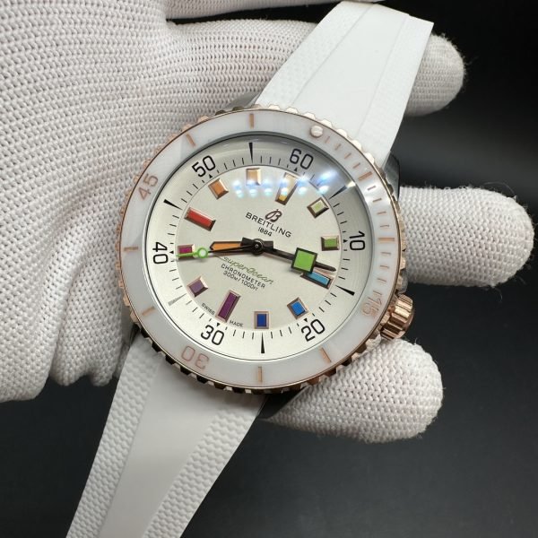 Luxury Swiss White Ceramic Breitling Superocean U17377211A1S1 Replica Watch – Elegant White Dial With Colorful Markers