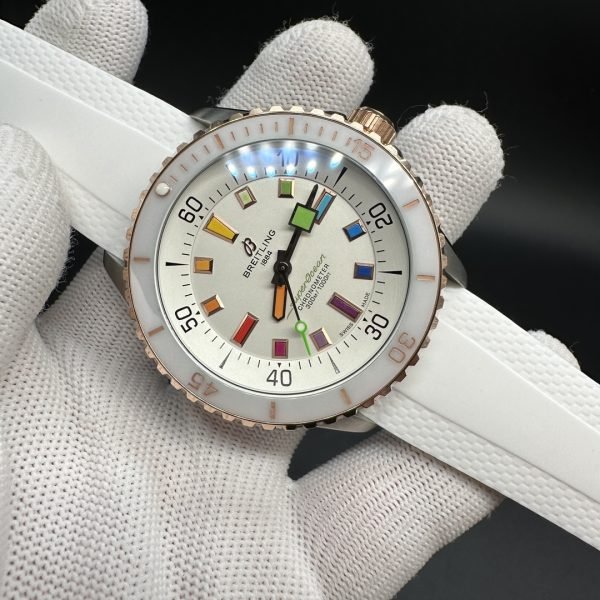 Luxury Swiss White Ceramic Breitling Superocean U17377211A1S1 Replica Watch – Elegant White Dial With Colorful Markers