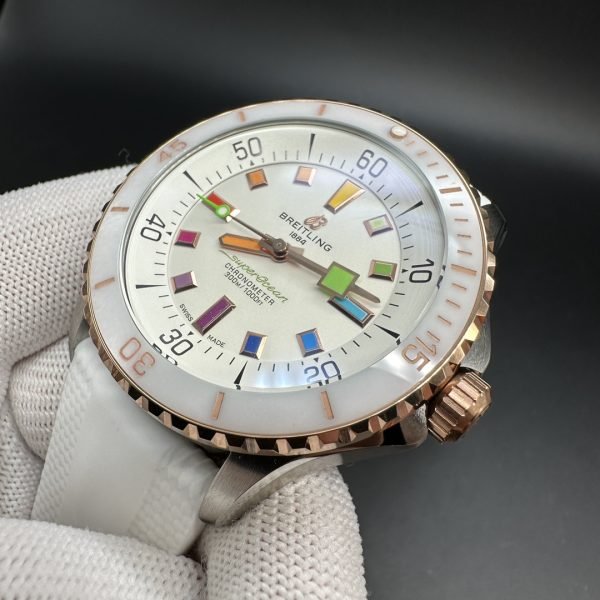 Luxury Swiss White Ceramic Breitling Superocean U17377211A1S1 Replica Watch – Elegant White Dial With Colorful Markers