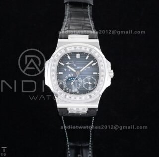 Nautilus 5712 Full Diamonds SS PPF 1:1 Best Edition Blue Dial on Black Leather Strap A240 Super Clone V3