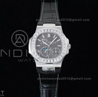 Nautilus 5712 Full Diamonds SS PPF 1:1 Best Edition Gray Dial on Black Leather Strap A240 Super Clone V3