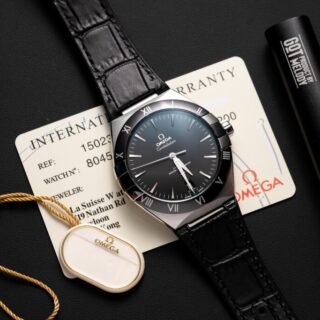 Omega Constellation Replica Watch Black Dial Leather Strap 42mm - Đồng Hồ Replica 1:1