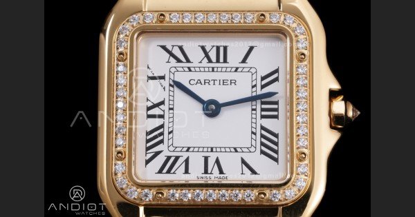 Panthère Ladies 27mm YG AF 1:1 Best Edition White Dial Diamonds Bezel on YG Bracelet Ronda Quartz
