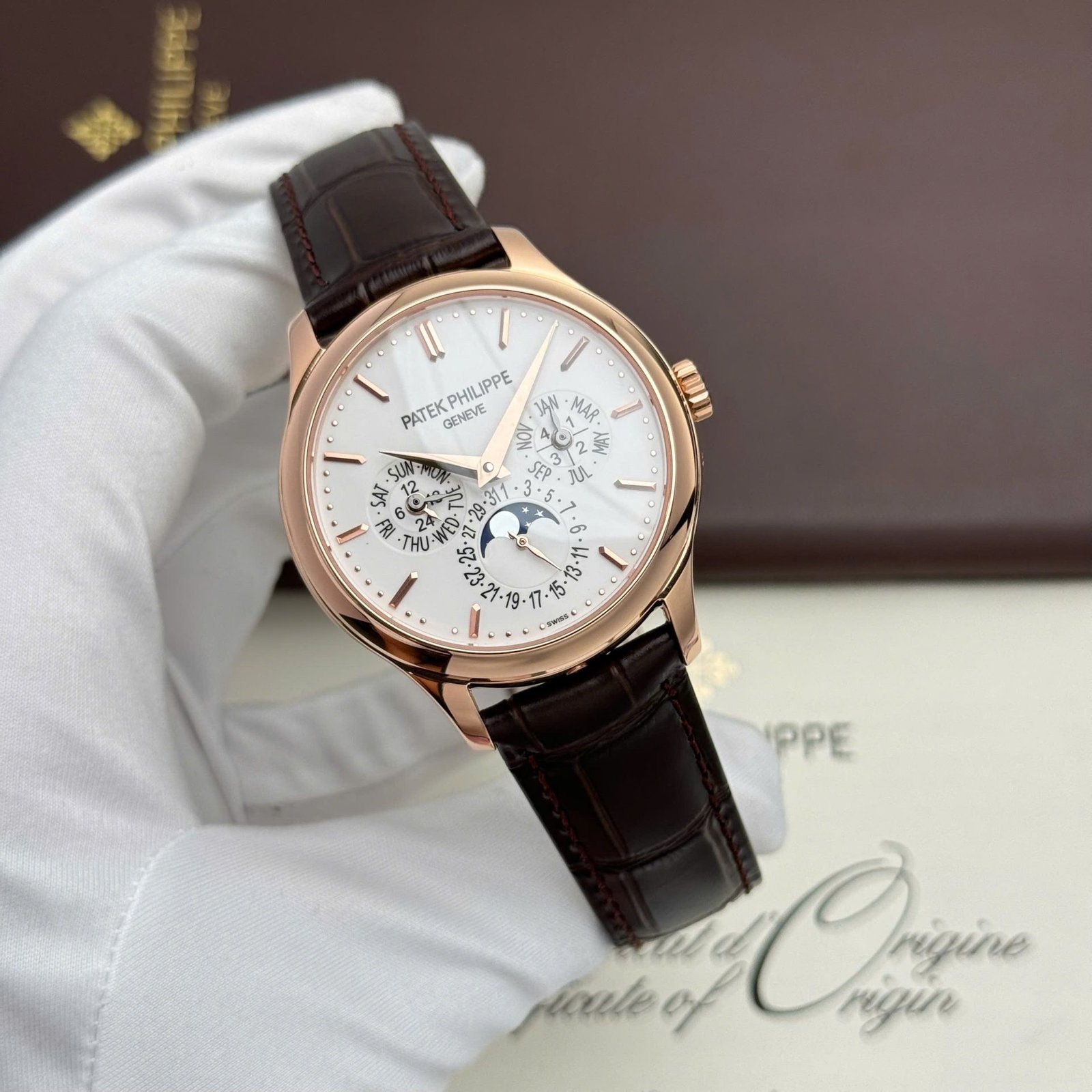 Patek Philippe Grand Complications 5327 Replica Watches White Dial Leather Strap 3K Factory 40mm - Đồng Hồ Replica 1:1