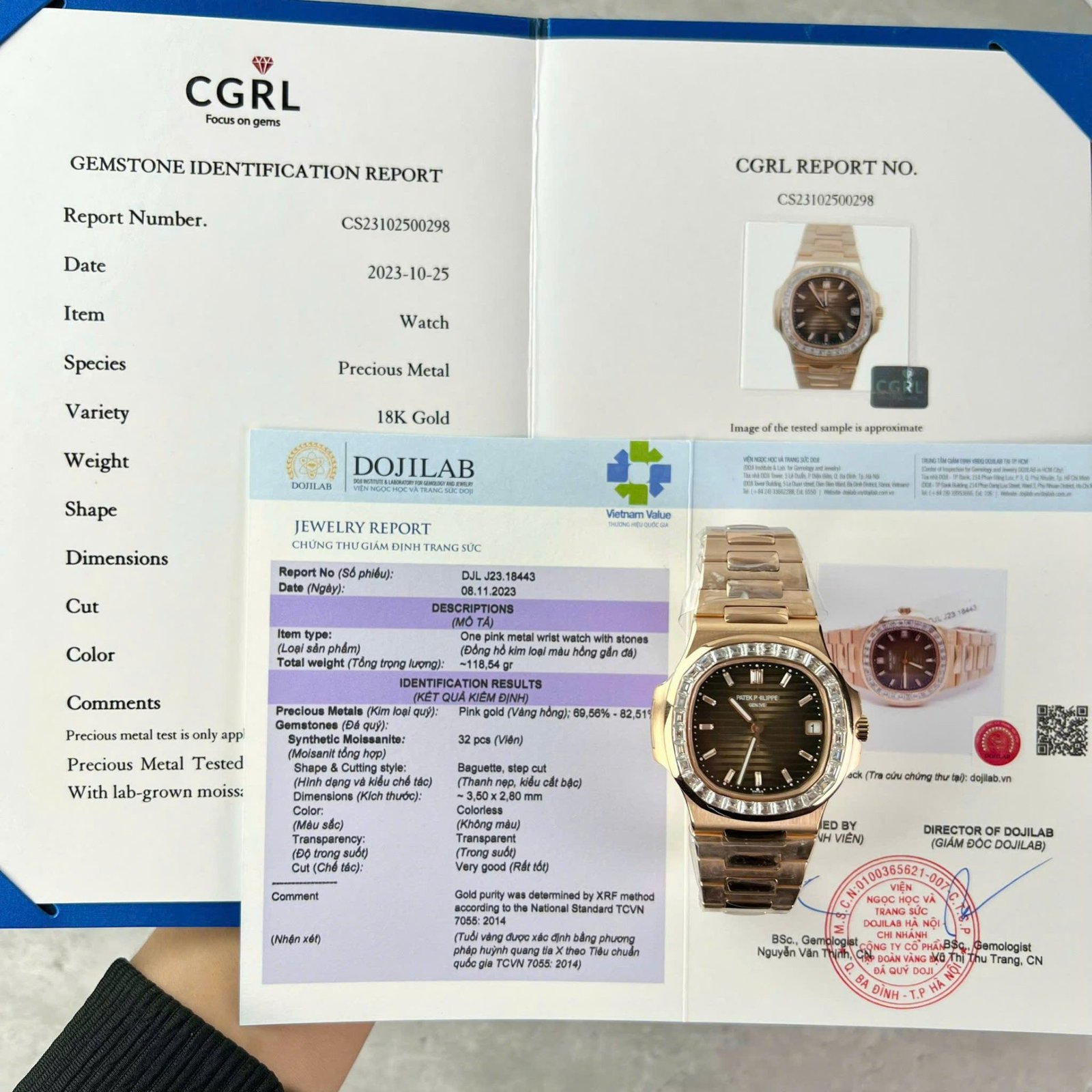 Patek Philippe Nautilus 5723 Brown Dial Replica Watches 18K Gold Wrapped + Moissanite Diamonds Baguette 40mm - Đồng Hồ Replica 1:1