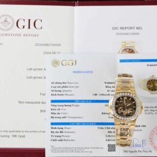 Patek Philippe Nautilus 5724R Brown Dial Imitation Watches Remake 18K Gold Wrapped + Diamonds Moissanite Baguette PPF Factory 40mm - Đồng Hồ Replica 1:1