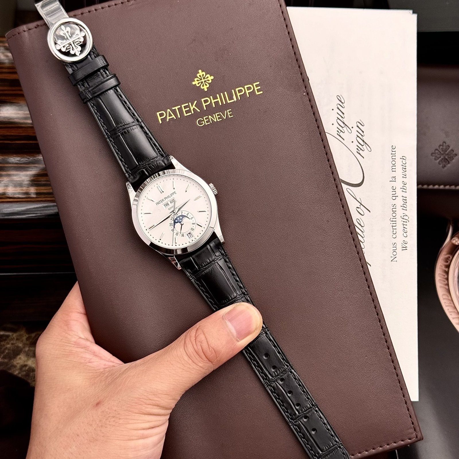 Patek Philippe Replica Watch Complications 5396G White Dial Leather Strap 38.5mm - Đồng Hồ Replica 1:1