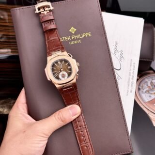 Patek Philippe Replica Watch Nautilus 5980 Brown Dial Leather Strap 40mm - Đồng Hồ Replica 1:1