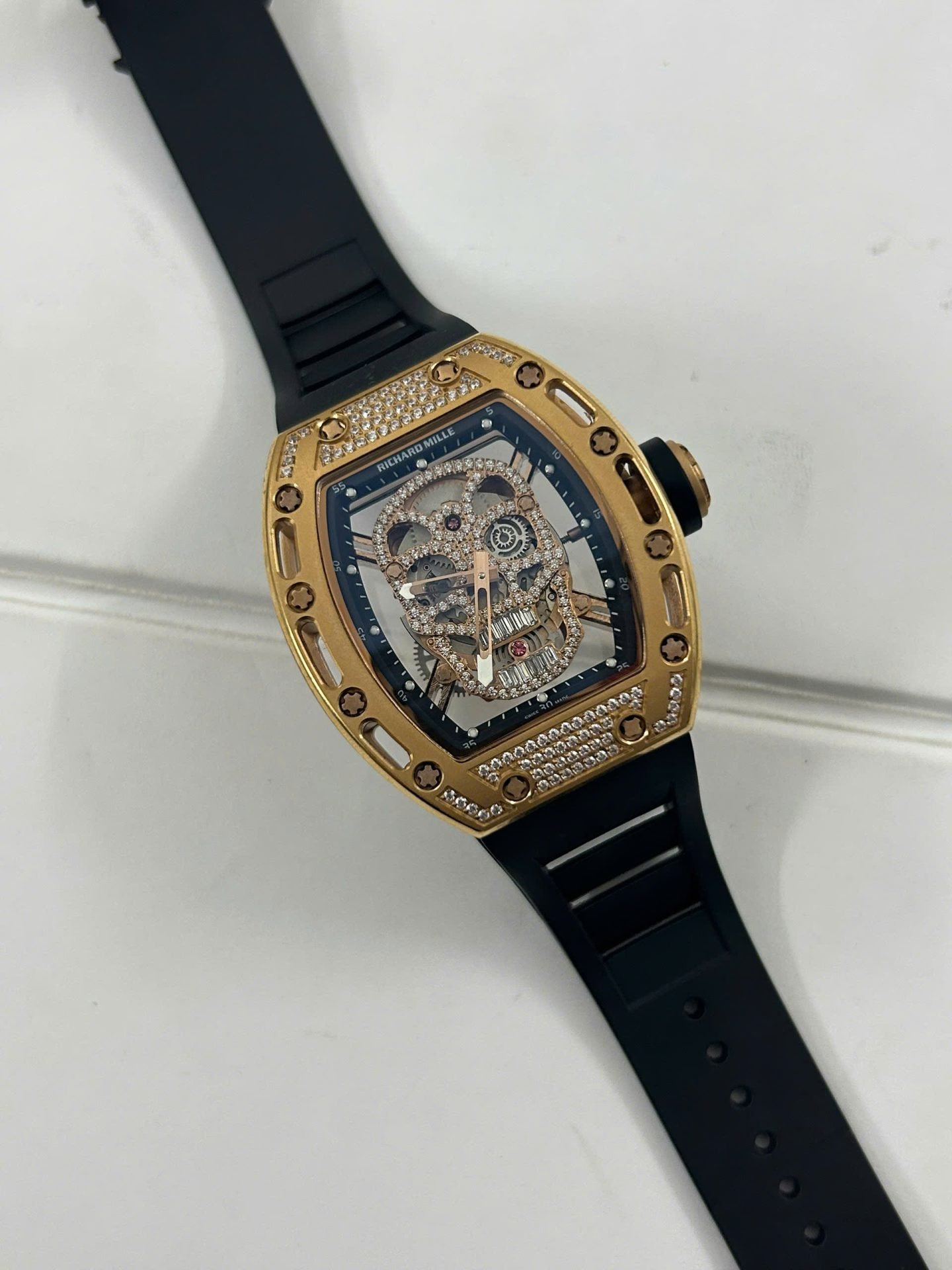 Richard Mille Fake Watches RM052 Rose Gold Skull Rubber Strap 42mm - Đồng Hồ Replica 1:1