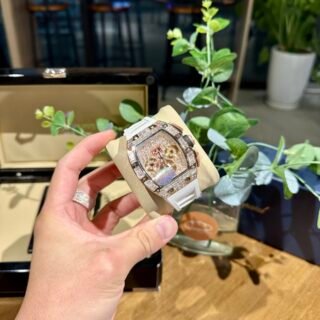 Richard Mille RM011 Replica Watch Full Diamond White Rubber Strap 44mm - Đồng Hồ Replica 1:1
