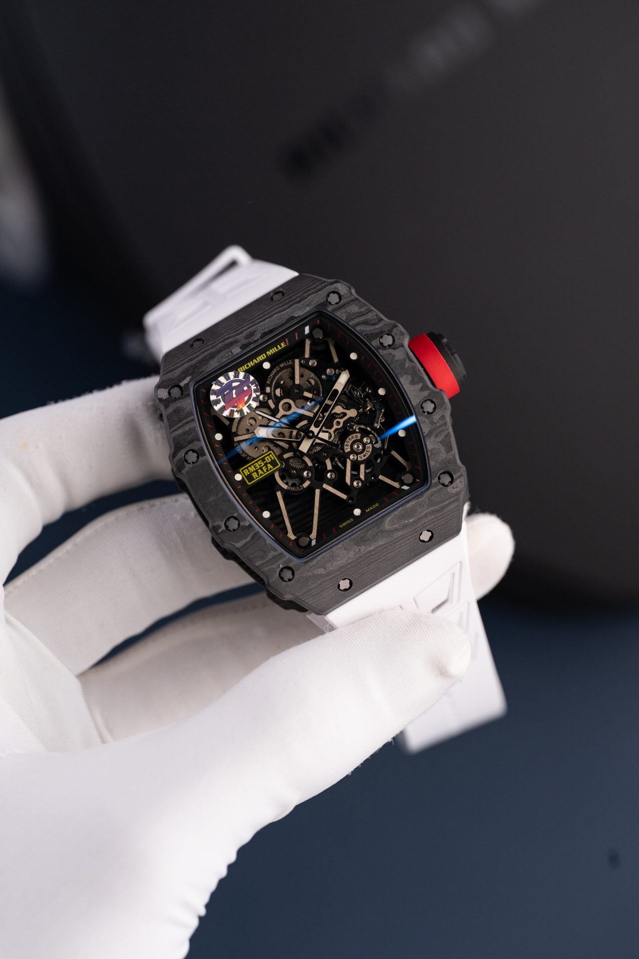 Richard Mille RM35-01 Rafael Nadal Carbon NTPT Imitation Watches White Rubber Strap ZF Factory 49,9x43mm - Đồng Hồ Replica 1:1