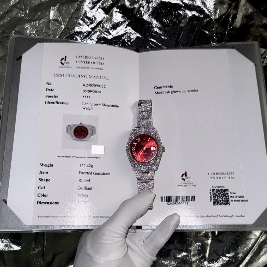 Rolex Best Replica Watch DateJust Supreme Custom Moissanite Diamonds Red Dial 41mm - Đồng Hồ Replica 1:1