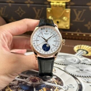 Rolex Cellini Moonphase 50535 Rose Gold Replica Watches Black Leather Strap KZ Factory 39mm - Đồng Hồ Replica 1:1