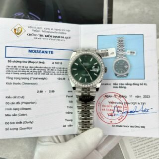 Rolex DateJust Green Dial Copies Watch Moissanite Diamonds Custom Clean Factory 41mm - Đồng Hồ Replica 1:1