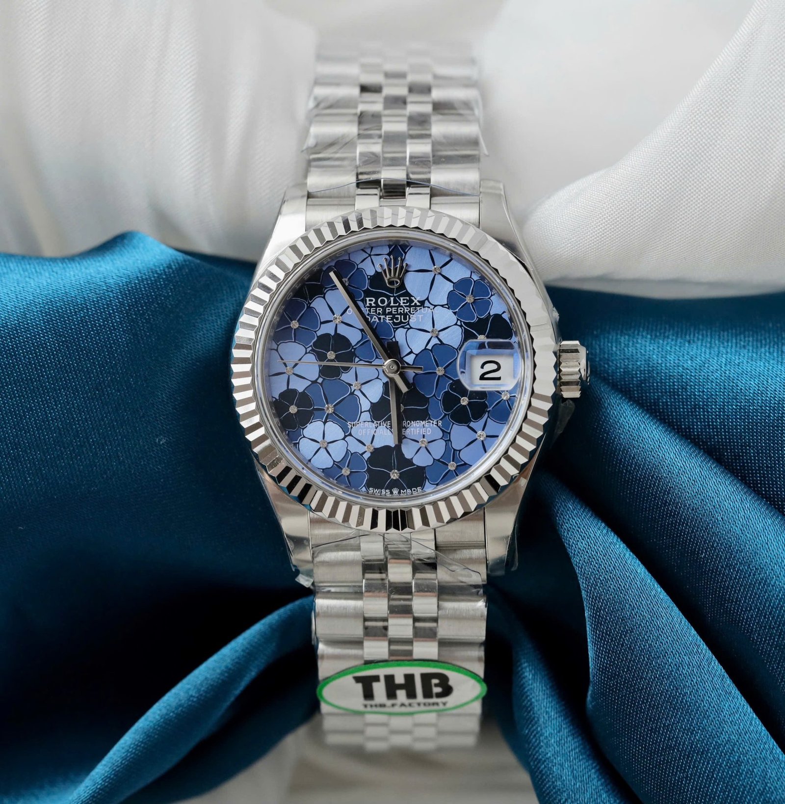 Rolex DateJust Replica Watch Women Blue Flower Dial THB Factory 31mm - Đồng Hồ Replica 1:1
