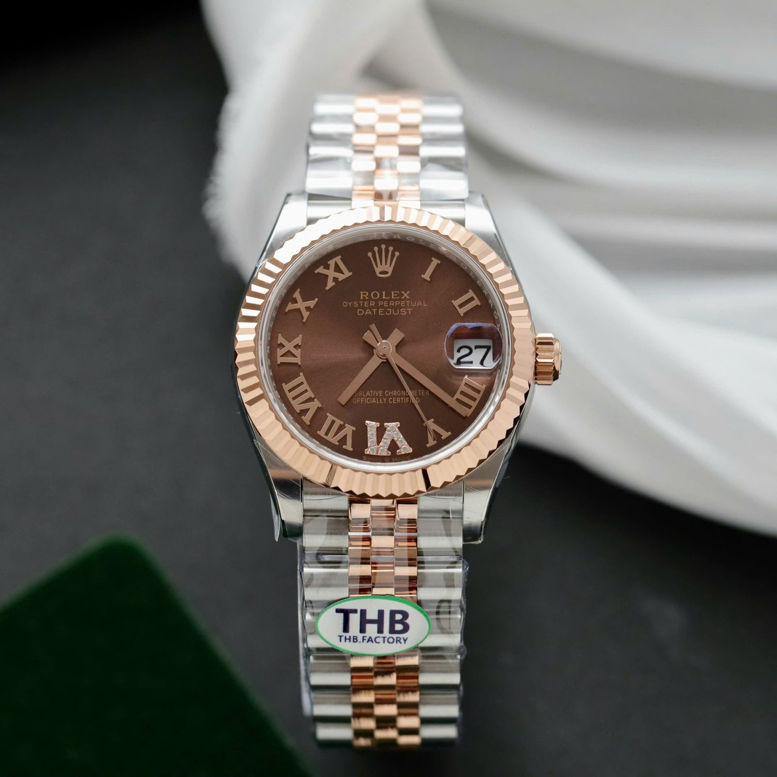 Rolex DateJust Women Demi Rose Gold Replica Watches Chocolate Dial THB Factory 31mm - Đồng Hồ Replica 1:1