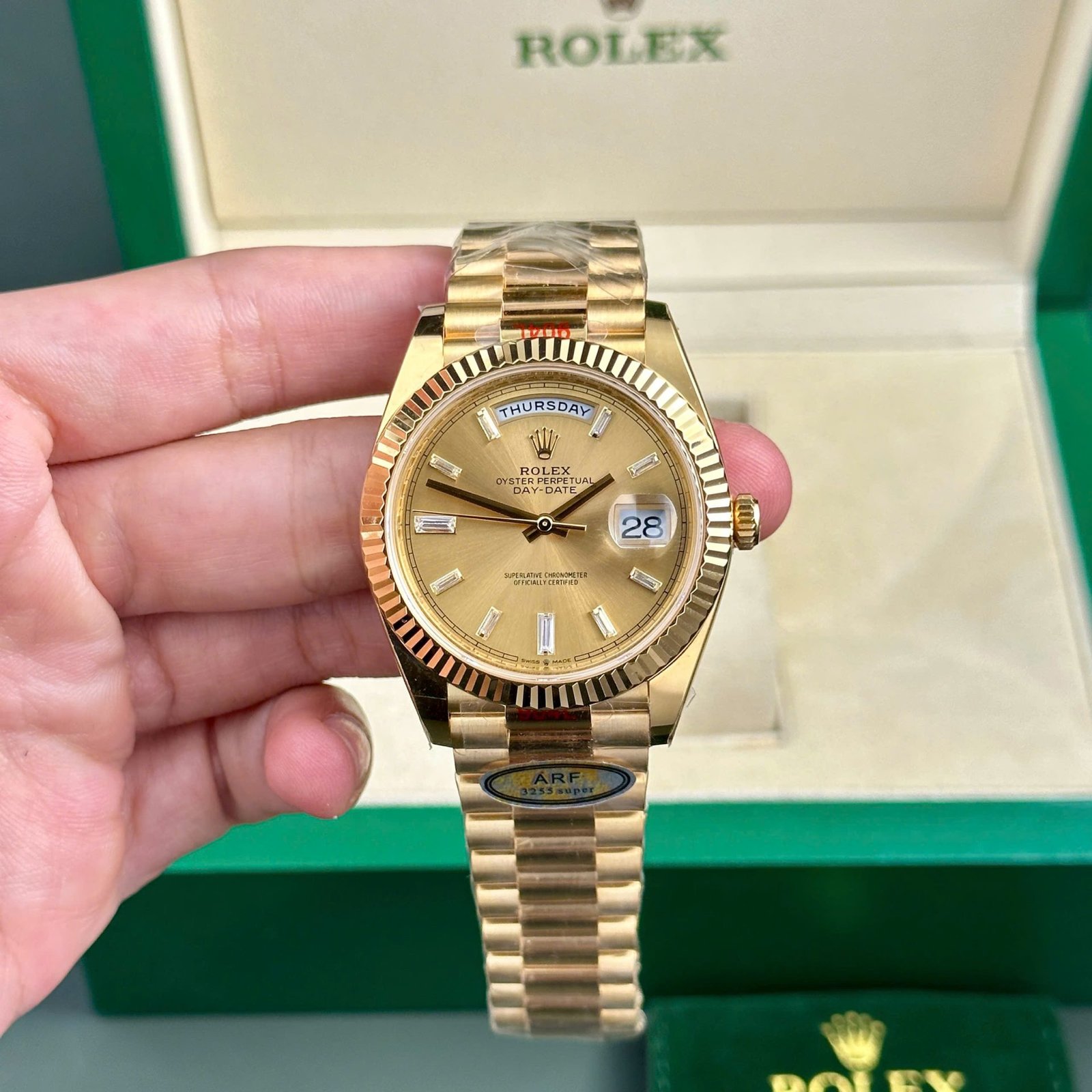 Rolex Day-Date 228238 Replica Watch Yellow Dial President Strap AR Factory 40mm - Đồng Hồ Replica 1:1