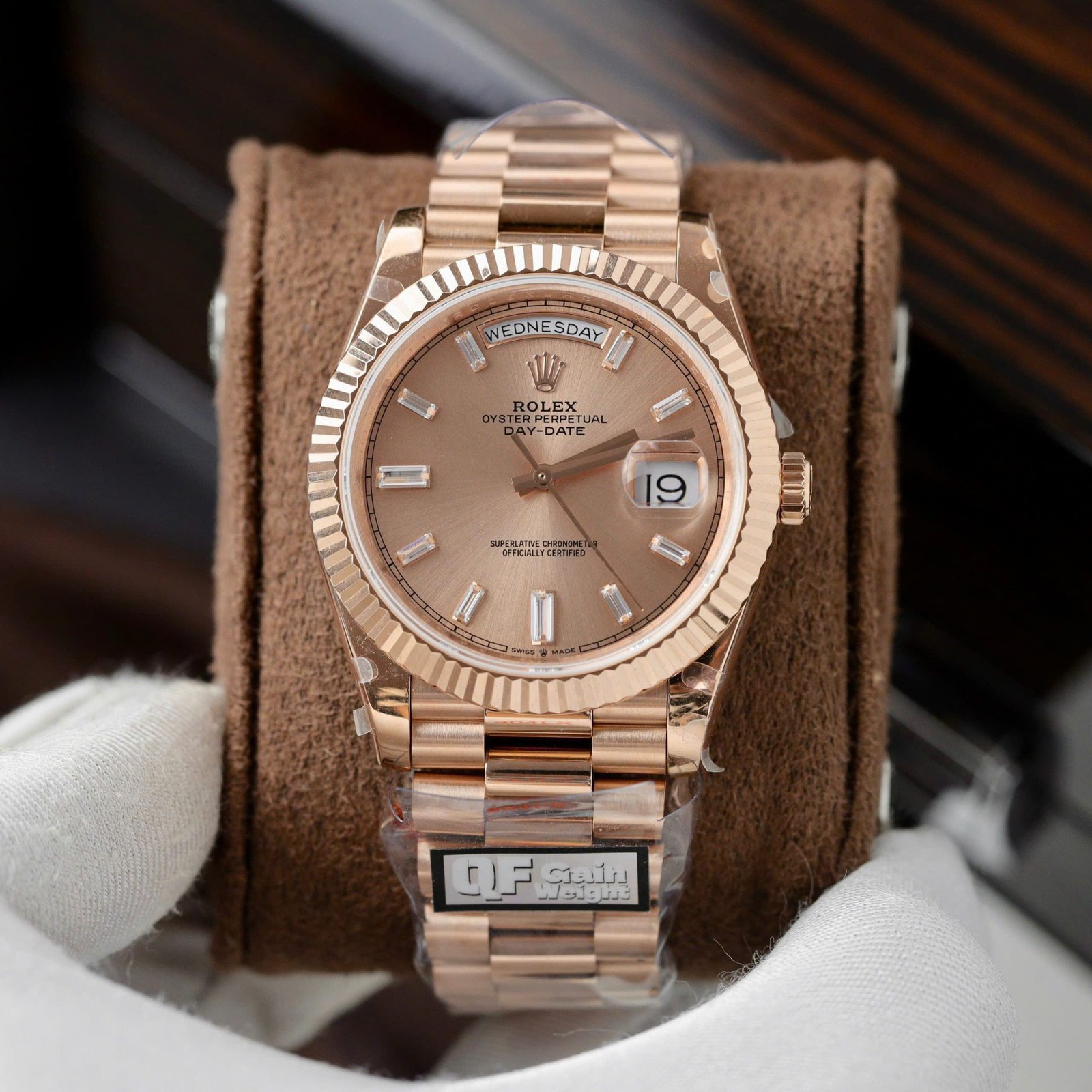Rolex Day-Date Pink Sundust Dial Replica Watches Weight 186 Grams QF Factory 40mm - Đồng Hồ Replica 1:1