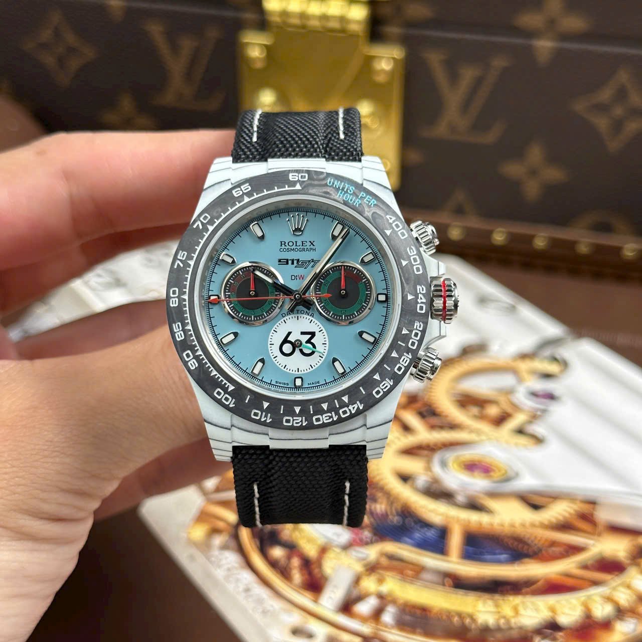 Rolex Daytona DiW Ferrari Tiffany Dial Replica Watches White Carbon Super Light 40mm - Đồng Hồ Replica 1:1